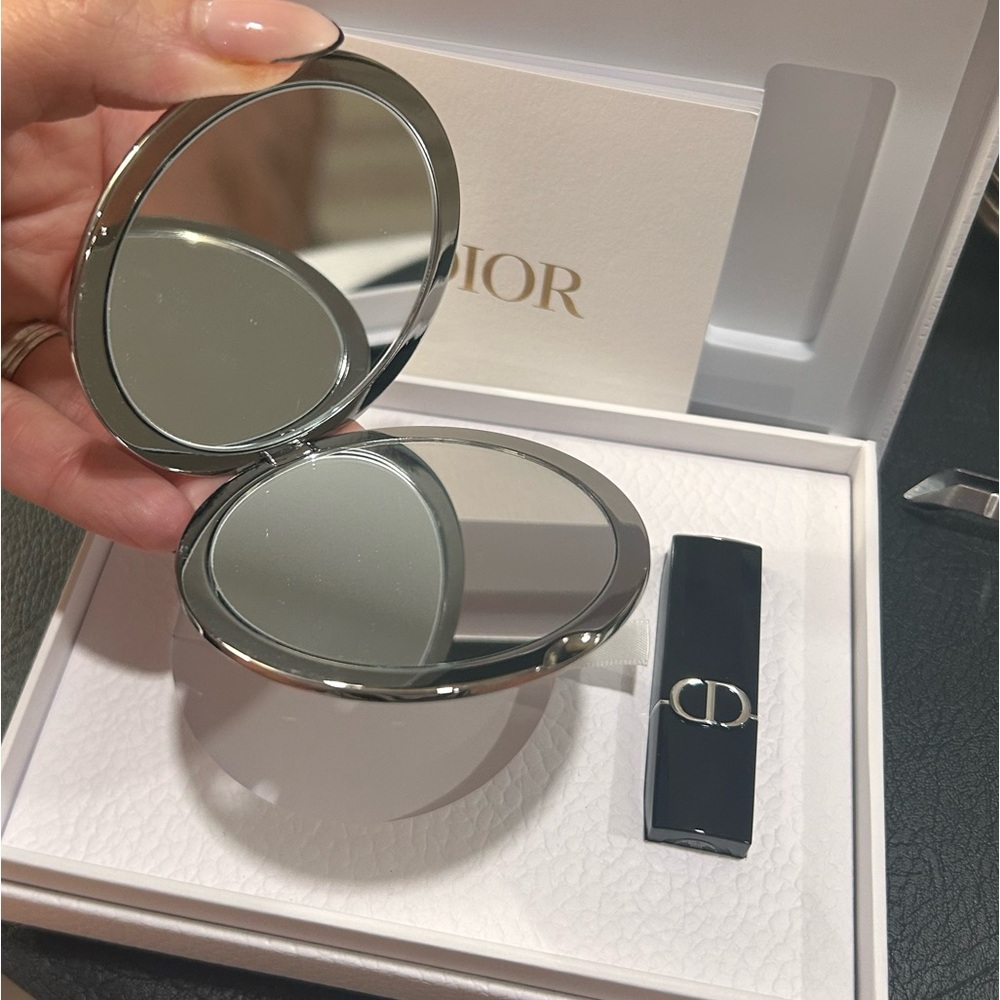 DIOR Set Silver Cannage Double Sided Mirror and Lipstick #720 New In Box